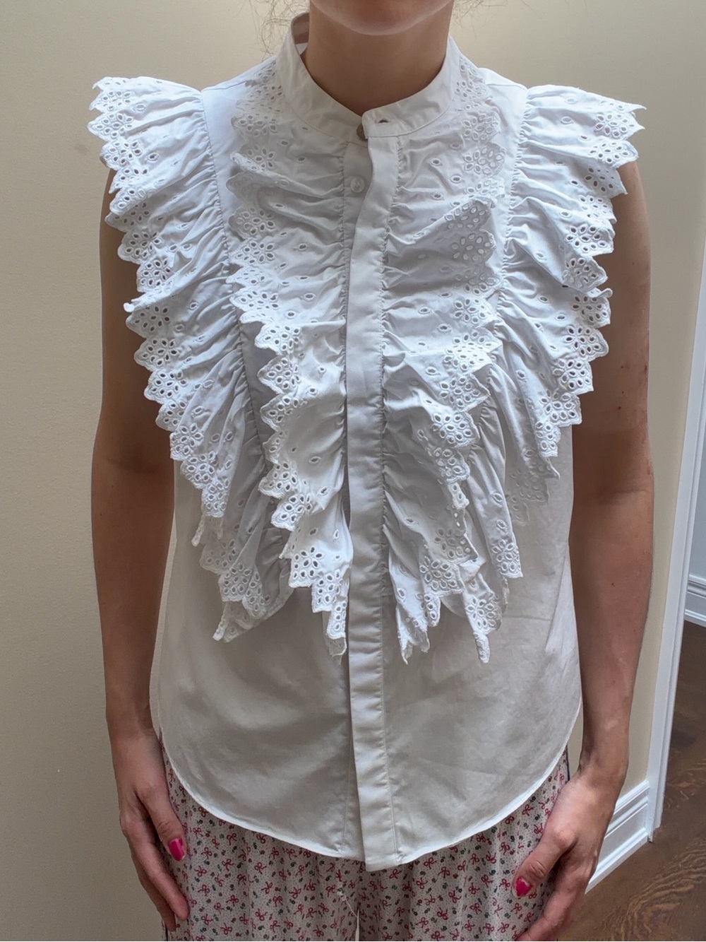 TED BAKER LONDON White Ruffled Eyelet Popover Top Elegant Women Blouse SZ Small